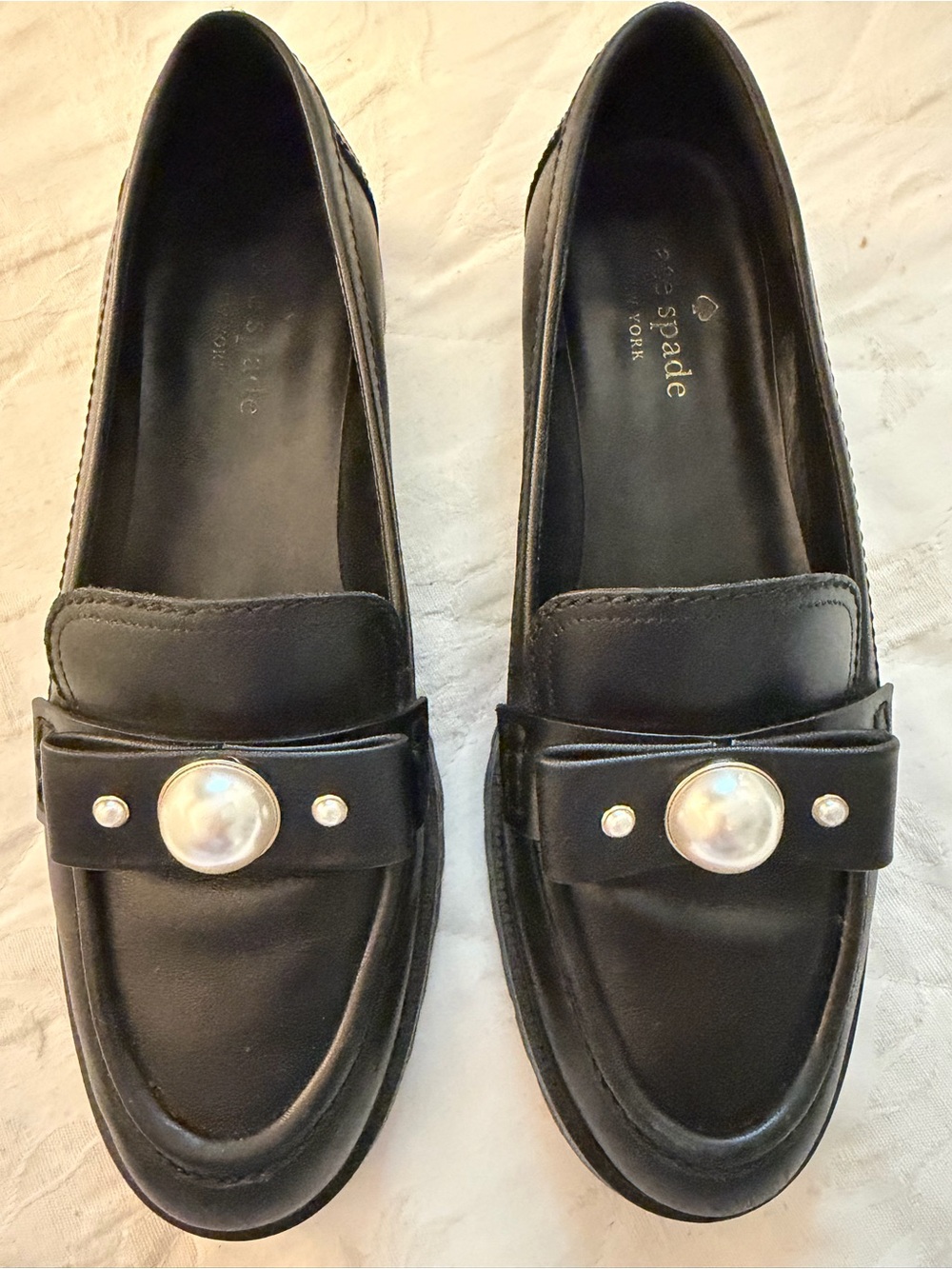 kate spade Black Leather Pearl-Accent Loafers